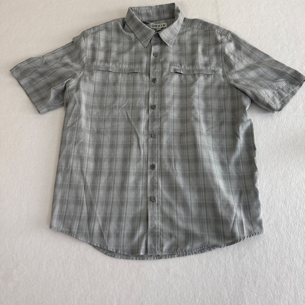 Orvis Plaid Button Down Shirt Mens Large Grey Short Sleeve Outdoor Hiking